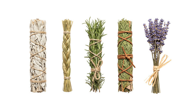 five herbal smudge sticks isolated on transparent background png