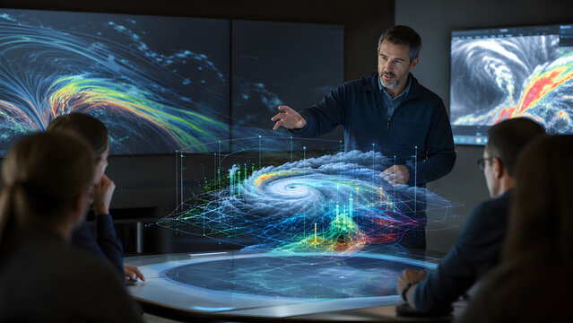 Meteorologist presenting holographic hurricane storm data to team inside weather forecast center during important briefing meeting session