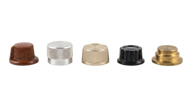 five vintage control knobs isolated on transparent background png