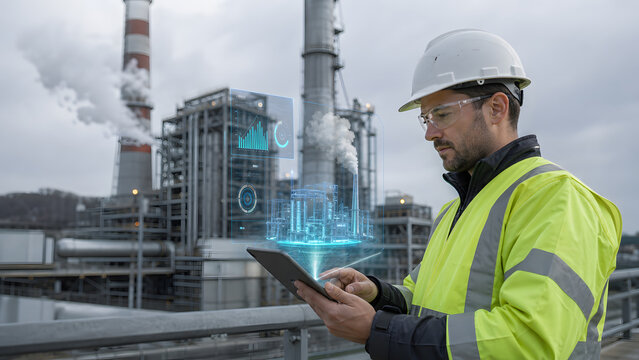 engineer using tablet to monitor industrial plant emission data with holographic dashboard outdoors on cloudy day