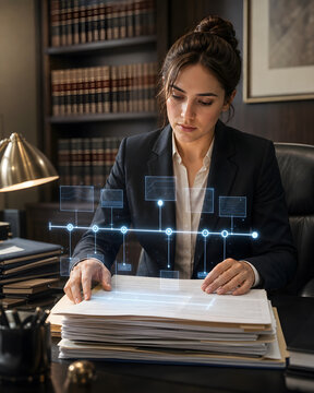 lawyer reviewing legal document with holographic timeline chart in traditional wooden office library setting today