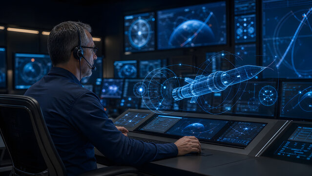 operator monitoring holographic missile wireframe on multiple digital screen in aerospace command control room today