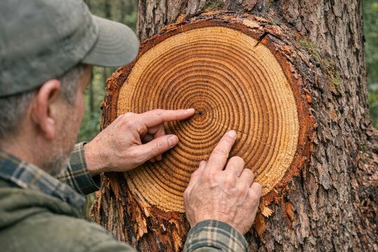 A person is cutting down a tree using a manual saw, perhaps for firewood or land clearing