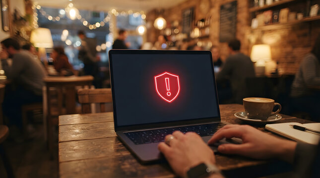 Cybersecurity threat notification displaying a red shield warning icon on a laptop screen in a busy cafe environment