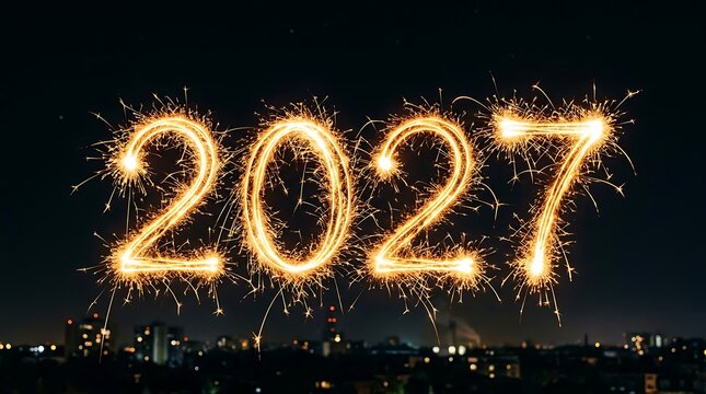 The year 2027 written in bright glowing golden sparklers against a dark night sky city background