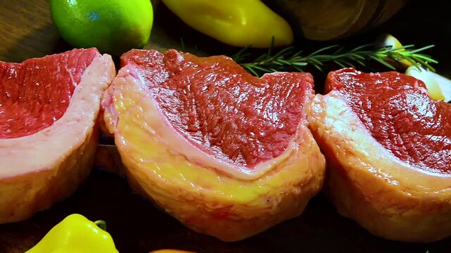 Raw picanha on a skewer, ready for a traditional Brazilian barbecue at a meat rodizio.