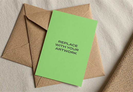 Greeting card mockup with brown kraft envelope on textured fabric background, flat lay composition, stationery branding presentation, print design template, paper goods display