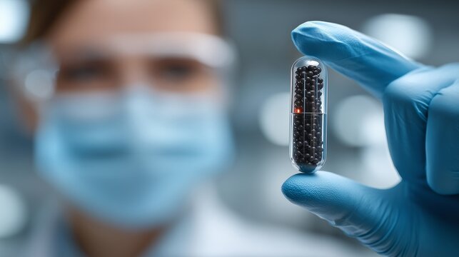 Scientist Holding Smart Medical Capsule for Advanced Target Drug Delivery in Pharmaceutical Innovation and Nanomedicine Research