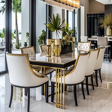 Luxurious Modern Dining Room Setting with White and Gold Upholstered Chairs, Lush Indoor Plants, and Floor-to-Ceiling Windows