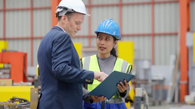 Industrial engineers in safety helmets and high-visibility vests review documents during a factory audit, discussing business operations, workplace safety, and manufacturing quality control.