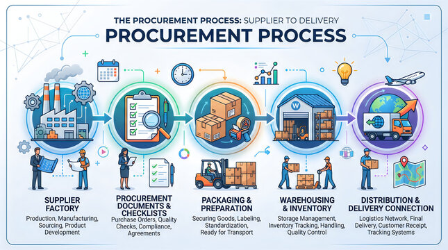 Procurement Process Infographic, Business Supply Chain Illustration, Flat Style Logistics Cycle, Supplier To Delivery Concept, Warehousing And Distribution Chart, Workflow Icons