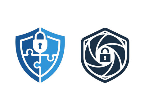 Set of protection shield lock flat vector icon isolated on transparent background 