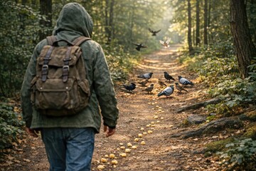 Fototapeta premium A person strolling along a dusty path amidst avian companions