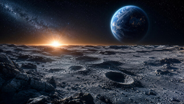 Blue Earth-Like Planet Rising Above a Cratered Alien Moonscape at Golden Sunrise