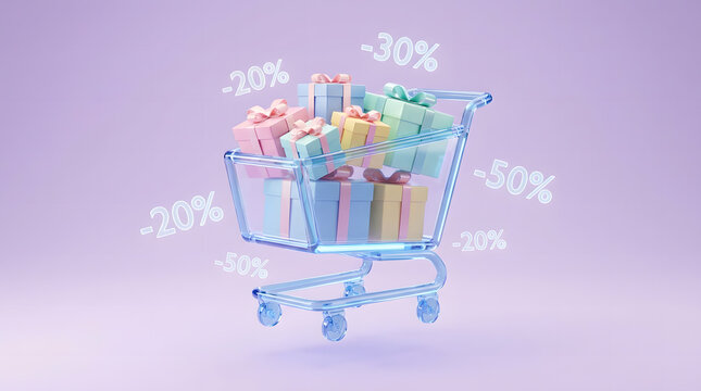 3D clear glass shopping cart full of gift boxes with floating negative discount numbers for sale concept