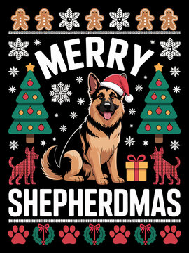  a German Shepherd in a Santa hat surrounded by festive holiday elements. The playful &ldquo;Merry Shepherdmas&rdquo; pun is perfect for dog lovers,
