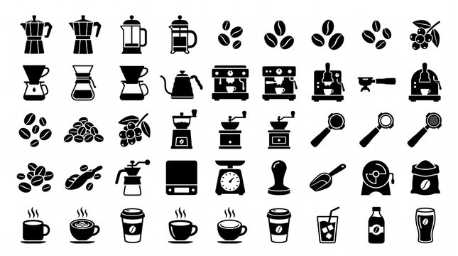 Set of black coffee icons featuring brewing equipment, beans, and beverage containers.