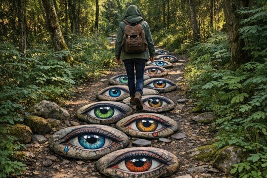 A person is walking down a path with painted eyes, unique and intriguing design