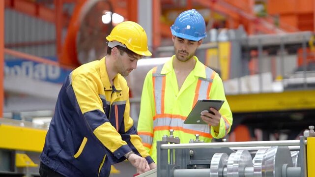 Two engineers in safety helmets and high visibility clothing inspect factory machinery while reviewing technical information on a tablet during an industrial audit.