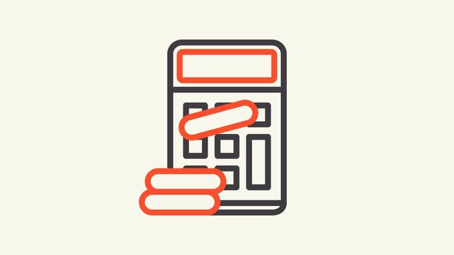 Simple black red outline graphic icon orange colored calculator stack gold coins. Suitable for finance, accounting, investment, budgeting, and savings concepts.
