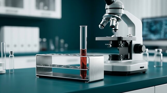 Test tube with liquid sample under microscope in lab