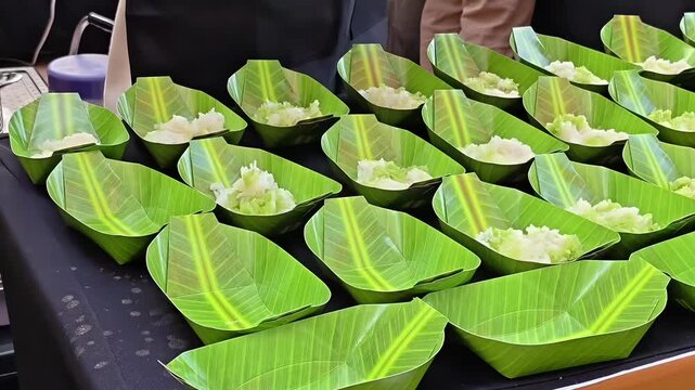 Chef pouring sticky rice served in mock banana leaf bowls, Thai Festival Snack, Exotic Fresh Fruit, Local Siam Food, Coconut Milk Garnish