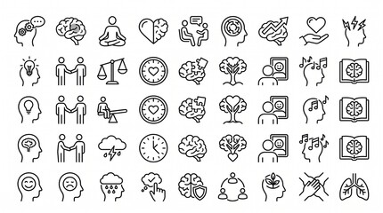Mental health line icons set for psychology therapy and emotional wellness concepts. © Designcity32