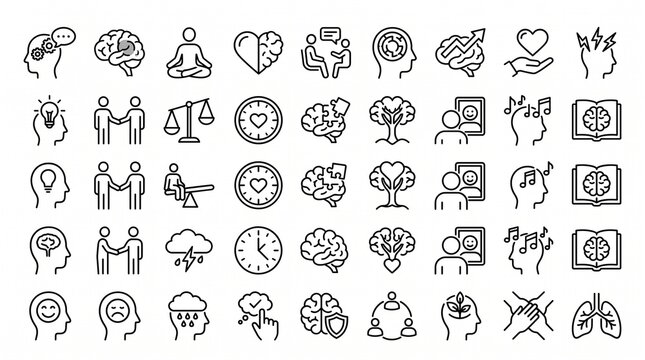 Mental health line icons set for psychology therapy and emotional wellness concepts.