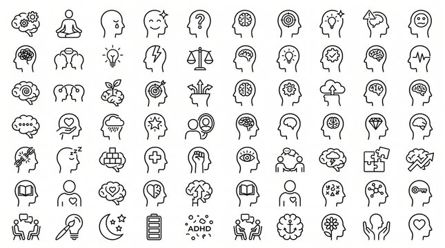 Mental health line icon set representing psychology, mindfulness, and brain wellness concepts.