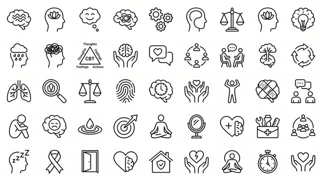 Mental Health and Psychology Line Icon Set for Therapy and Wellness Concepts