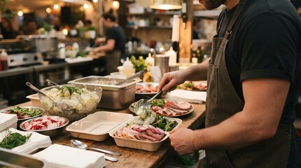 Obraz premium Caterer packing food in box bakery kitchen with negative space
