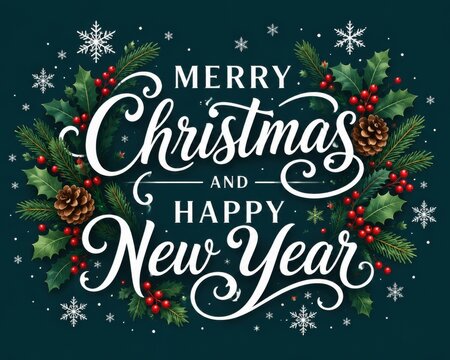 Merry christmas and happy new year greeting card with holly and pine