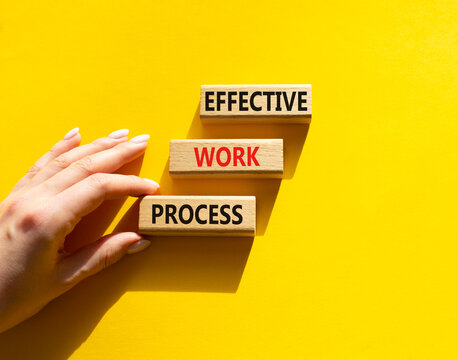 Concept words effective work process on wooden blocks arranged as steps. Businessman hand arranging wooden blocks. Productivity and workflow concept. Yellow background. Copy space.