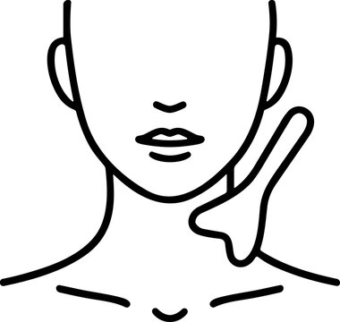 Woman's face with gua sha stone massaging neck and jawline, clean beauty icon