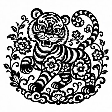 Black and white tiger illustration with floral patterns in a traditional paper cut style