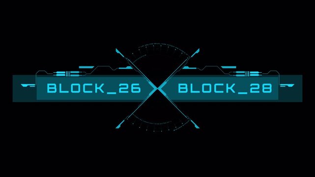 Futuristic HUD interface overlay featuring BLOCK 26 text elements with digital sci-fi aesthetic.