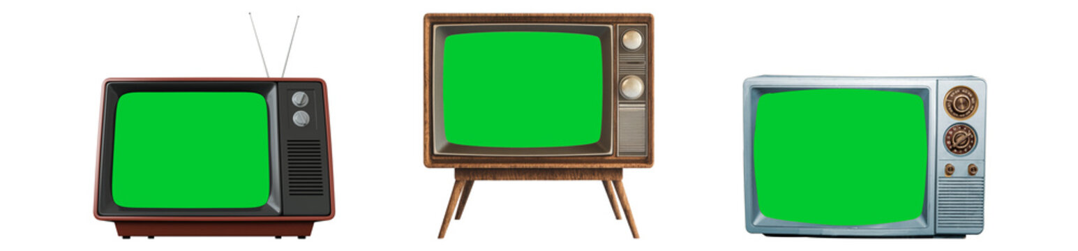 Many retro TV sets on white background. Alpha channel and green scren.