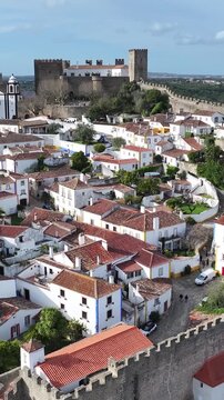 Obidos Skyline In Obidos District Of Leiria Portugal. Aerial View Of Landmark Medieval Building In Downtown Scene. Downtown Cityscape. District Skyline. Obidos District of Leiria.