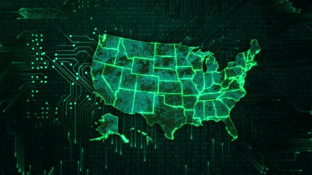 Futuristic green America map electronic circuits, binary symbols and glowing state borders. hacking prevention, network protection, data security, infrastructure resilience and cyber technology.