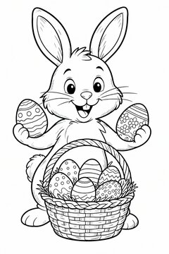Cute cartoon easter bunny rabbit holding colorful painted eggs in a woven basket