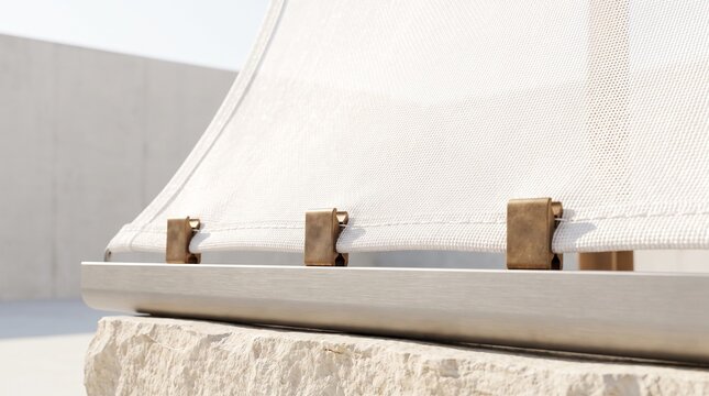 Fabric clips hold a tensile shade panel in place