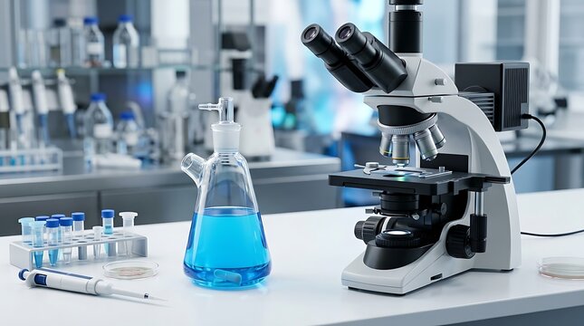Microscope and flask with blue liquid in modern lab setting