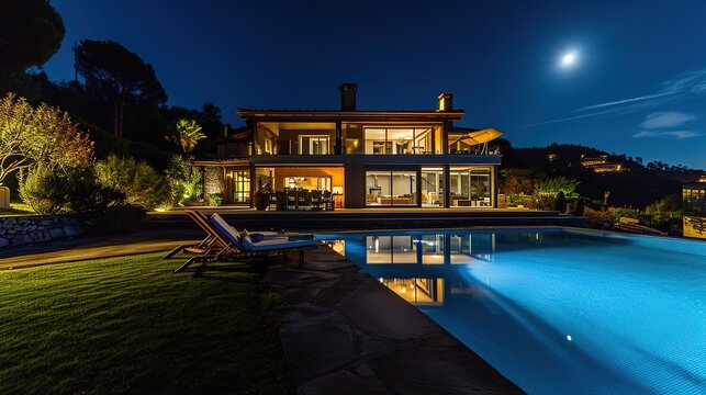 Luxurious nighttime modern villa with illuminated interiors and serene infinity pool setting