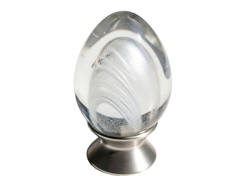 Clear glass egg paperweight with decorative swirl pattern isolated on transparent background