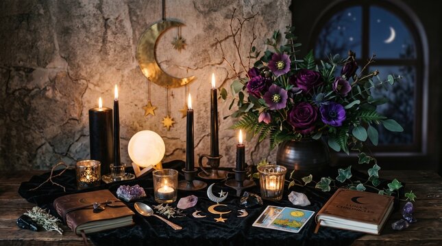 Moody moonlit altar with black candles purple flowers crystals and tarot cards in rustic stone room