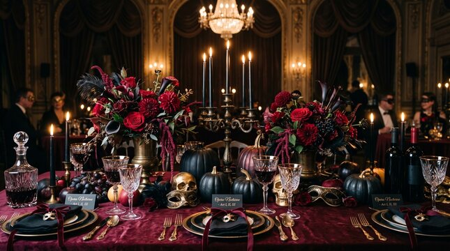 Halloween dinner table with red floral centerpieces pumpkins skulls and candlelit gothic ballroom atmosphere