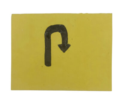 Black u turn arrow icon printed on a yellow square paper card isolated on transparent background