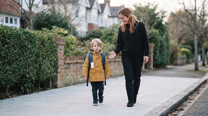 Fototapeta premium Child practices a calm school morning walk with caregiver