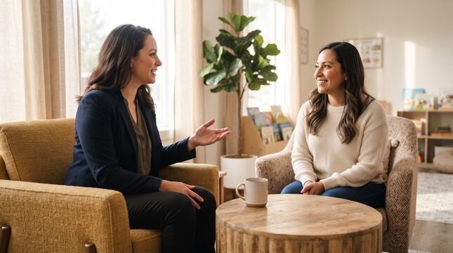 Family liaison explains enrollment choices in a lounge