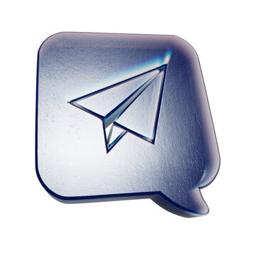 3D metallic send message button with a paper plane icon isolated on white background